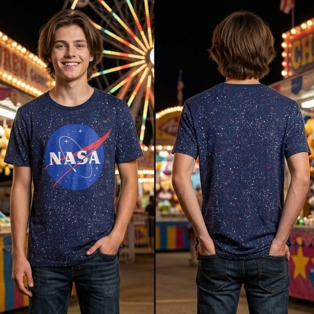 NASA Buzz Aldrin Shirt Boys XL Navy Blue Stars Speckled Galaxy Graphic Tee 36